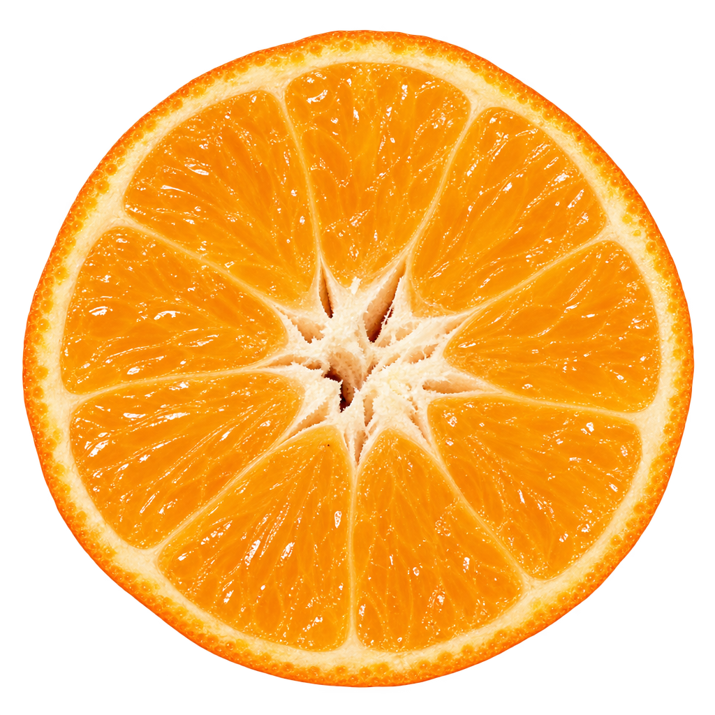 Generated depiction of a Calamandarin cross section viewed head-on, with golden-orange flesh, narrow cream pith and an irregular fibrous center