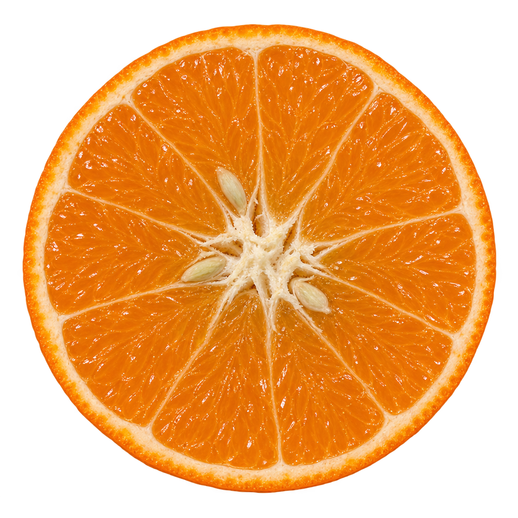 Generated head-on Nova Mandarin cross section with orange flesh, thin cream pith, ivory seeds and a natural fibrous core