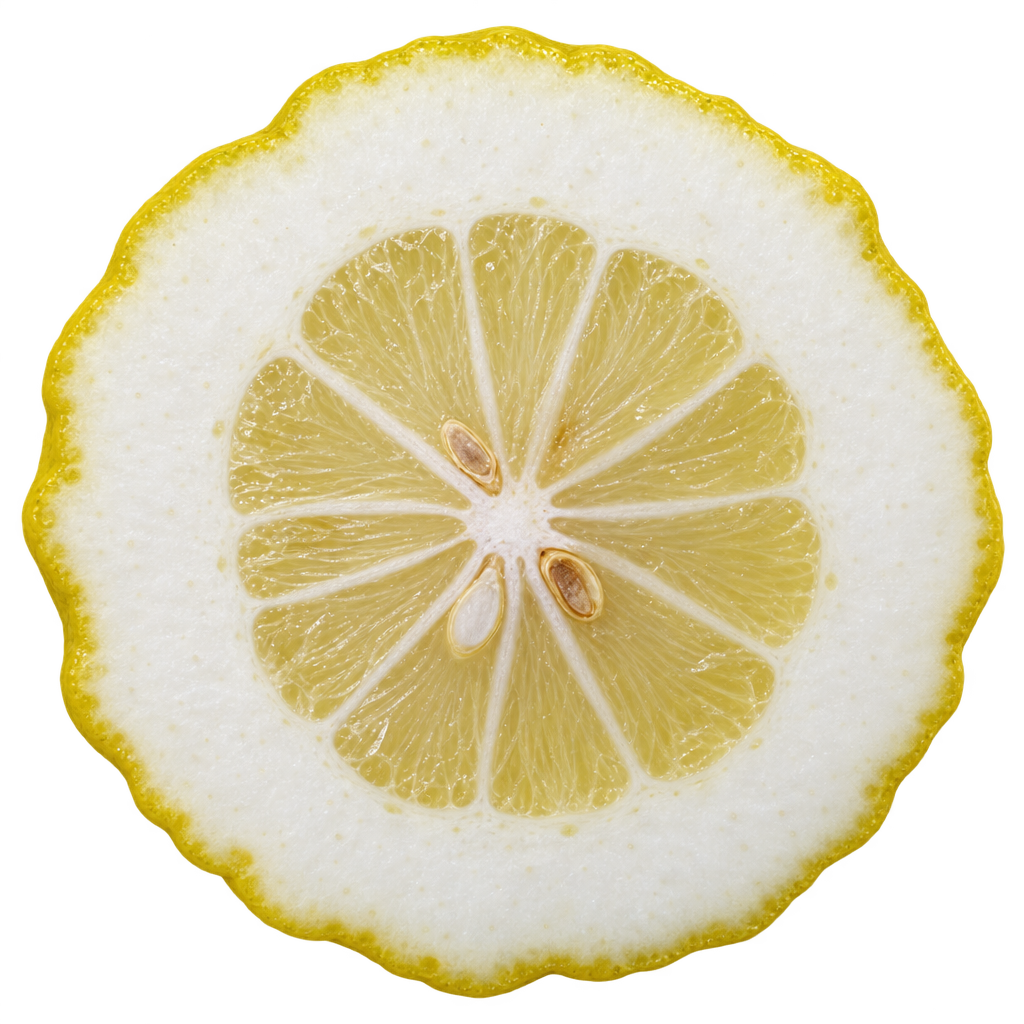 AI-generated head-on Etrog Citron cross-section with very thick cream pith, pale straw flesh and a few seeds