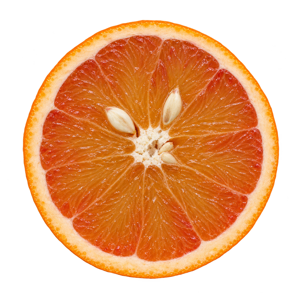 Generated head-on Vaniglia Sanguigno cross section with amber-pink flesh, attached cream pith, orange rind and illustrative ivory seeds around a filled center.
