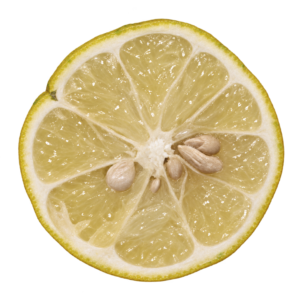 Generated head-on Clementville cross section with pale yellow flesh, yellowish rind, cream pith and several seeds near the core