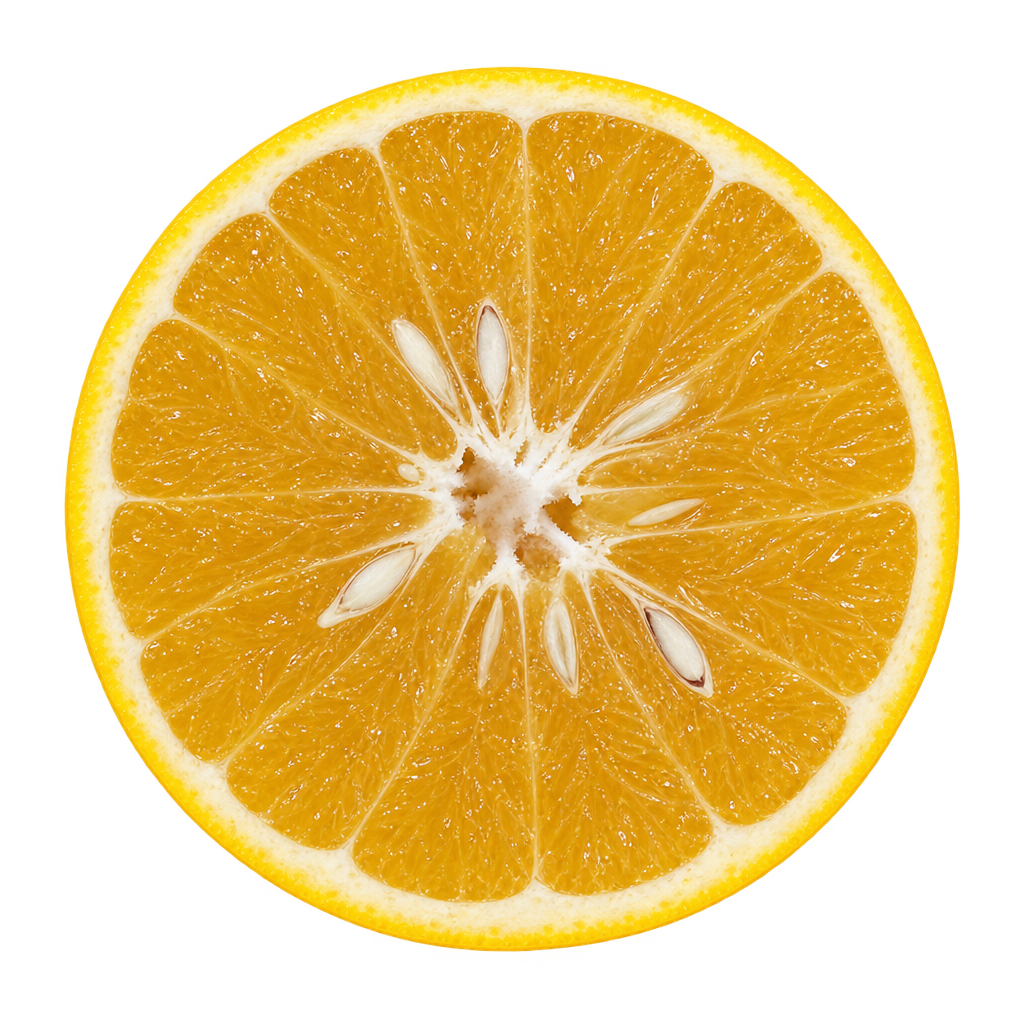 Generated depiction of a Cocktail Grapefruit equatorial cross section viewed head-on, with golden amber flesh, thin cream pith and ivory seeds near the core