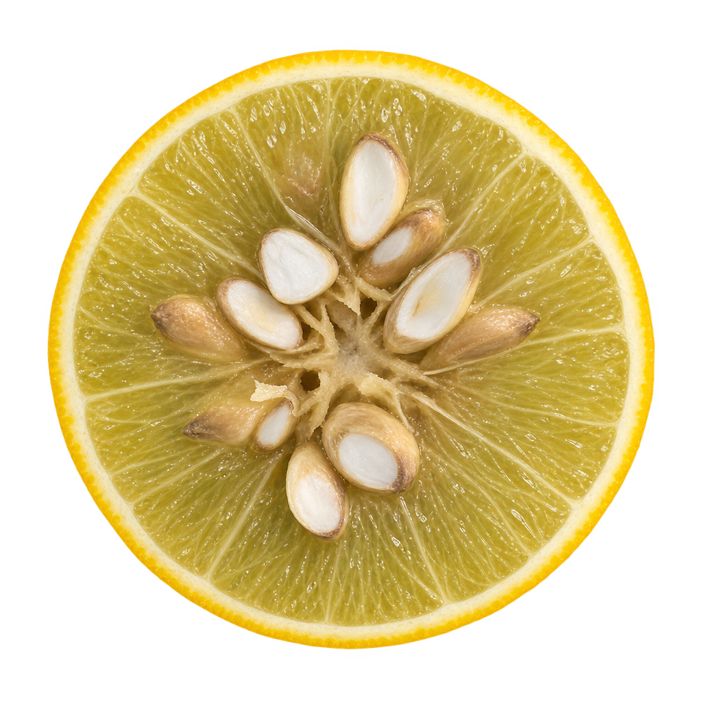Generated depiction of a Rubidoux Trifoliate equatorial cross section viewed head-on, with muted yellow flesh, thin cream pith and many large ivory seeds
