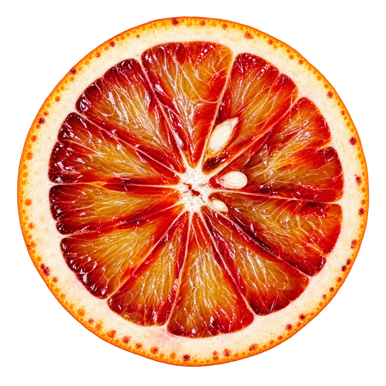 Generated depiction of an Arcobal Orange cross section viewed head-on, with orange-gold and ruby-red flesh, cream pith, and a few pale seeds