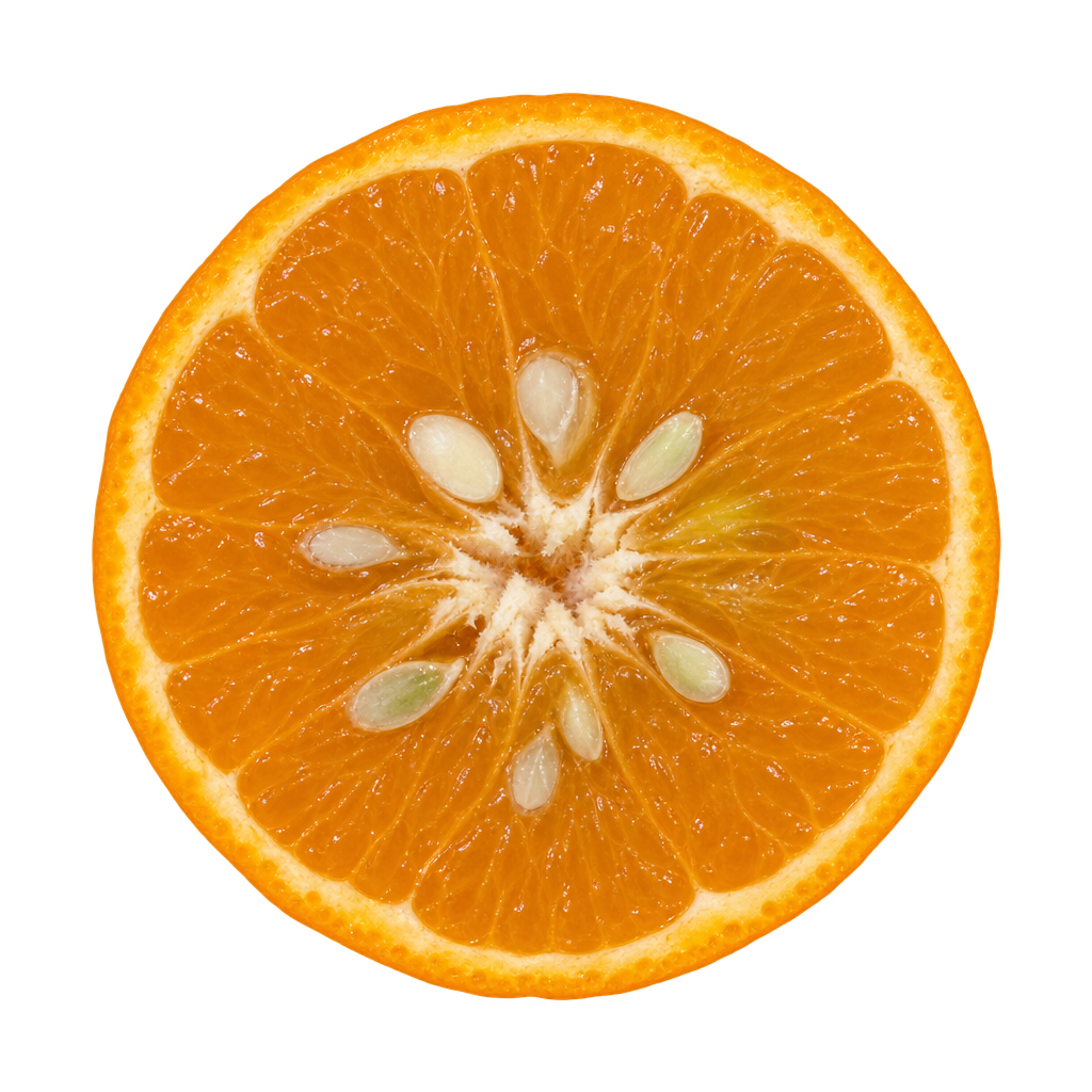 Generated head-on California Honey Mandarin cross section with golden-orange flesh, a narrow attached pith rim and illustrative ivory seeds