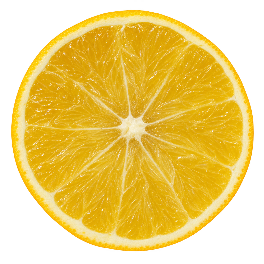 Generated depiction of a US-119 cross section viewed head-on, with golden-yellow flesh, a thin attached cream pith rim and a small pale central core