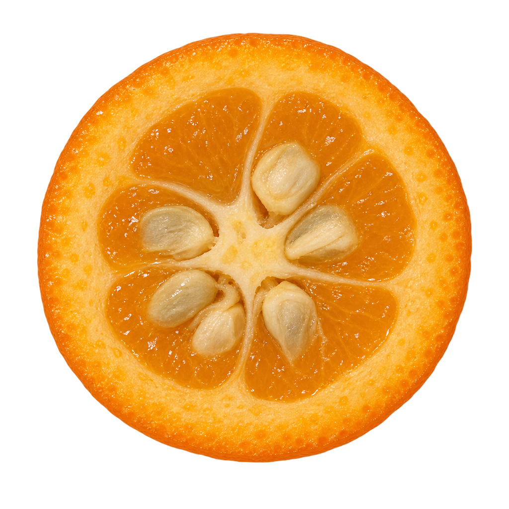 Generated depiction of a Fukushu Kumquat equatorial cross section viewed head-on, with fleshy orange peel, amber pulp and prominent ivory seeds
