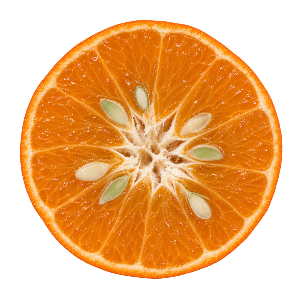 Generated depiction of a Robinson Mandarin equatorial cross section viewed head-on, with orange flesh, thin cream pith and ivory seeds near the center