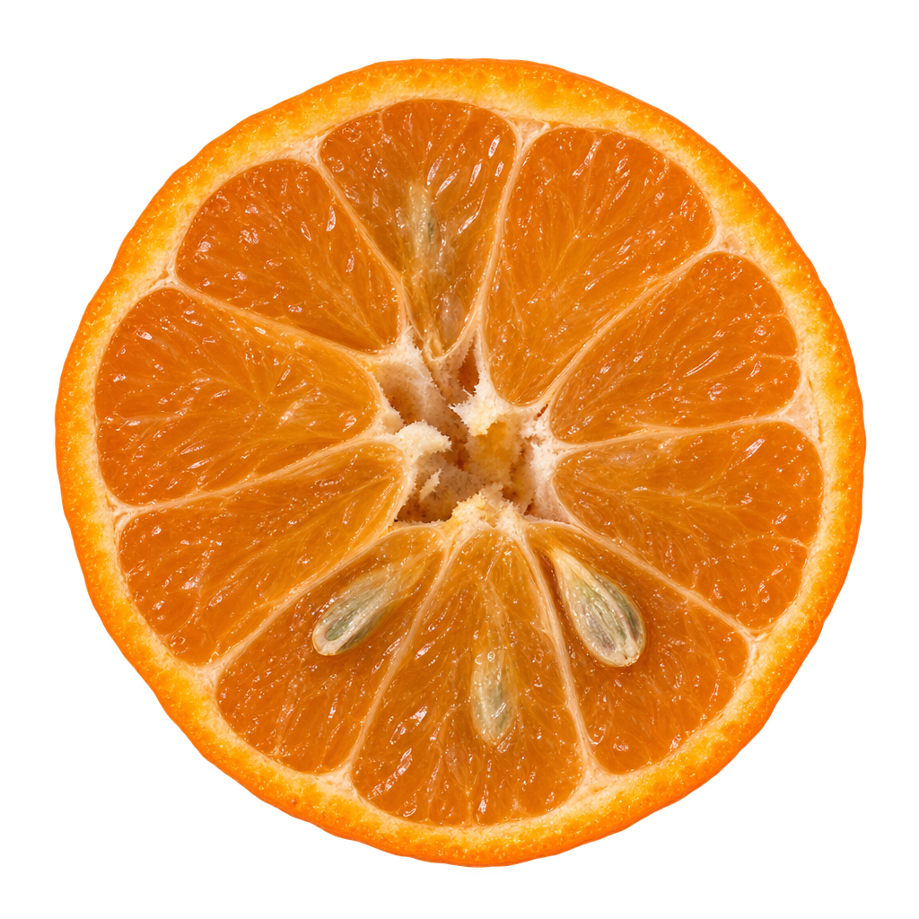 Generated head-on Willowleaf Mandarin cross section with orange-gold flesh, attached cream pith, ivory seeds and an opaque natural core.