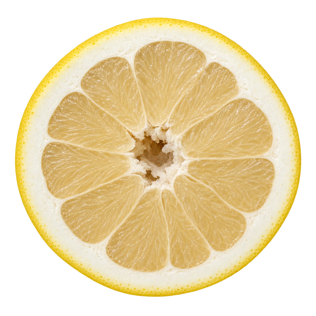 Generated head-on Mato Buntan Pummelo cross section with pale straw-colored flesh, attached creamy pith and an irregular hollow core