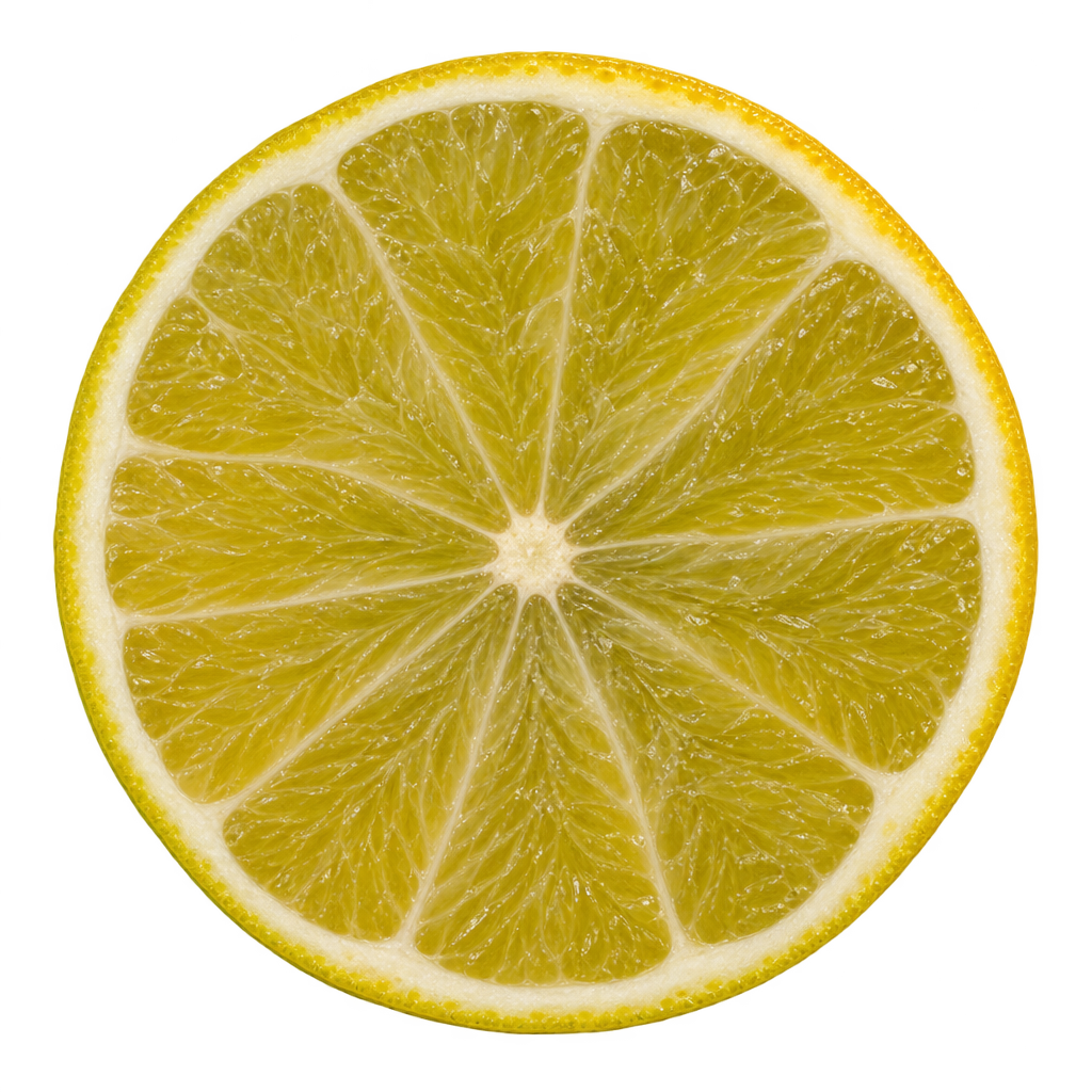 Generated depiction of a Cunningham Citrange equatorial cross section viewed head-on, with pale yellow-green flesh, slender membranes and a narrow cream pith ring