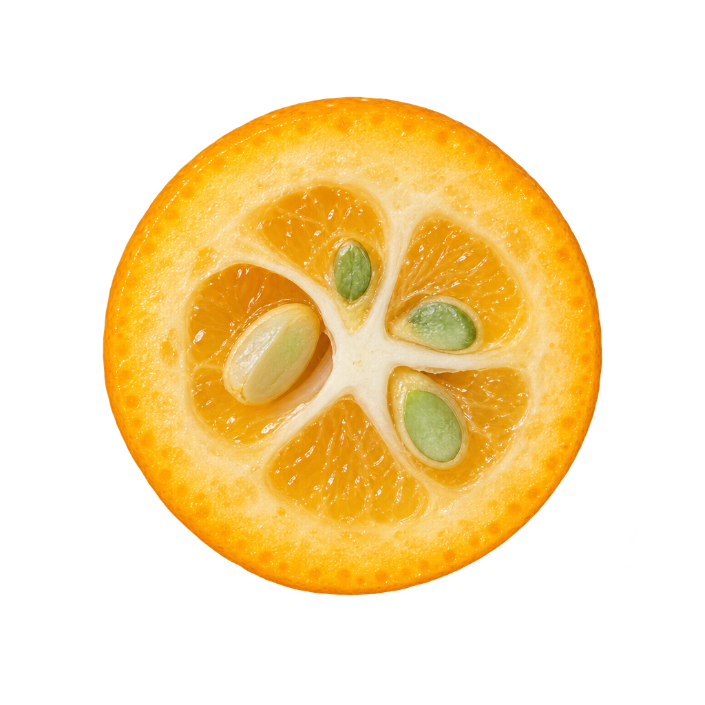 Generated head-on Nameiwa kumquat cross section with creamy pith, golden-orange pulp and pale green seed interiors