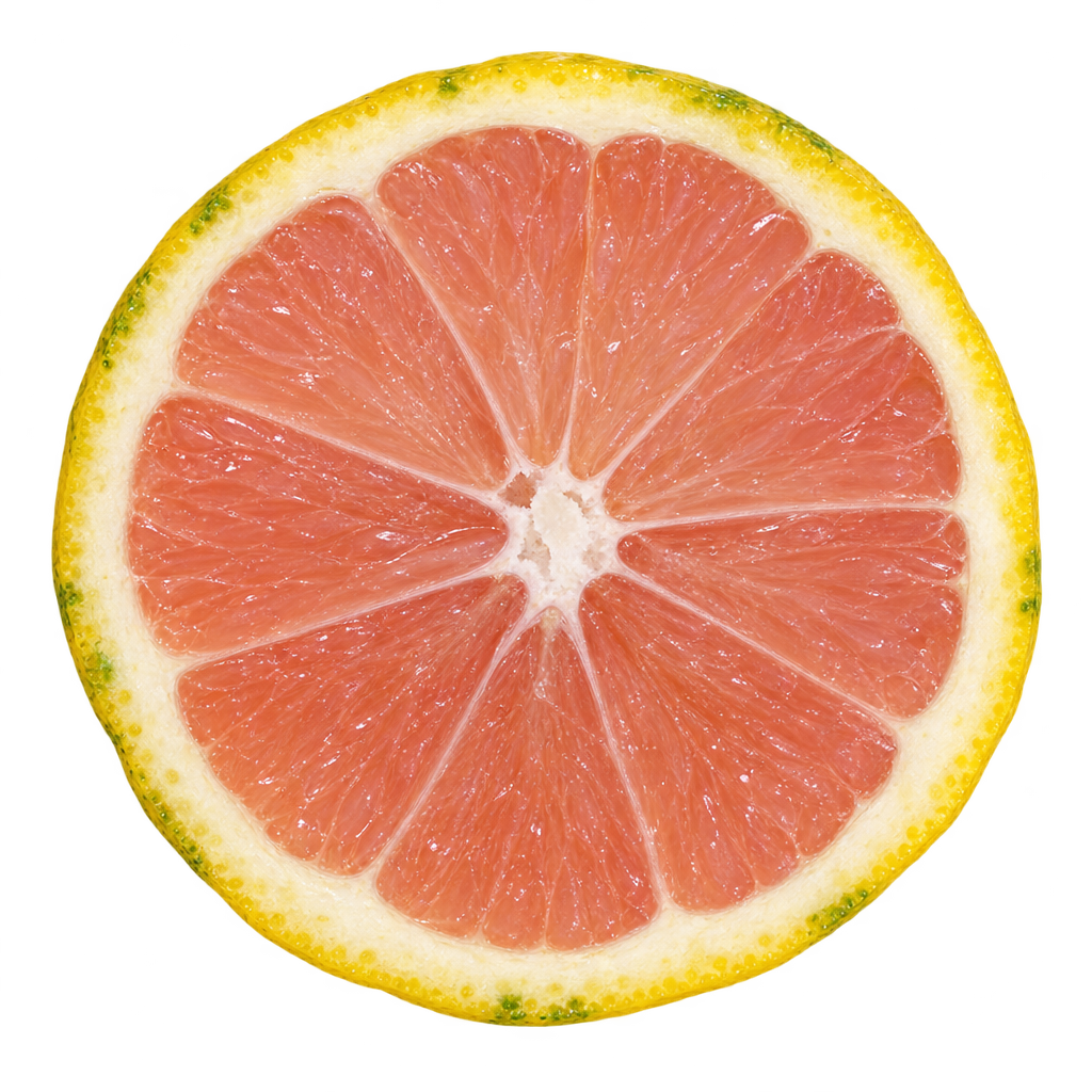 Generated head-on Variegated Pink Eureka Lemon cross section with salmon-pink flesh, attached cream pith and a filled center.