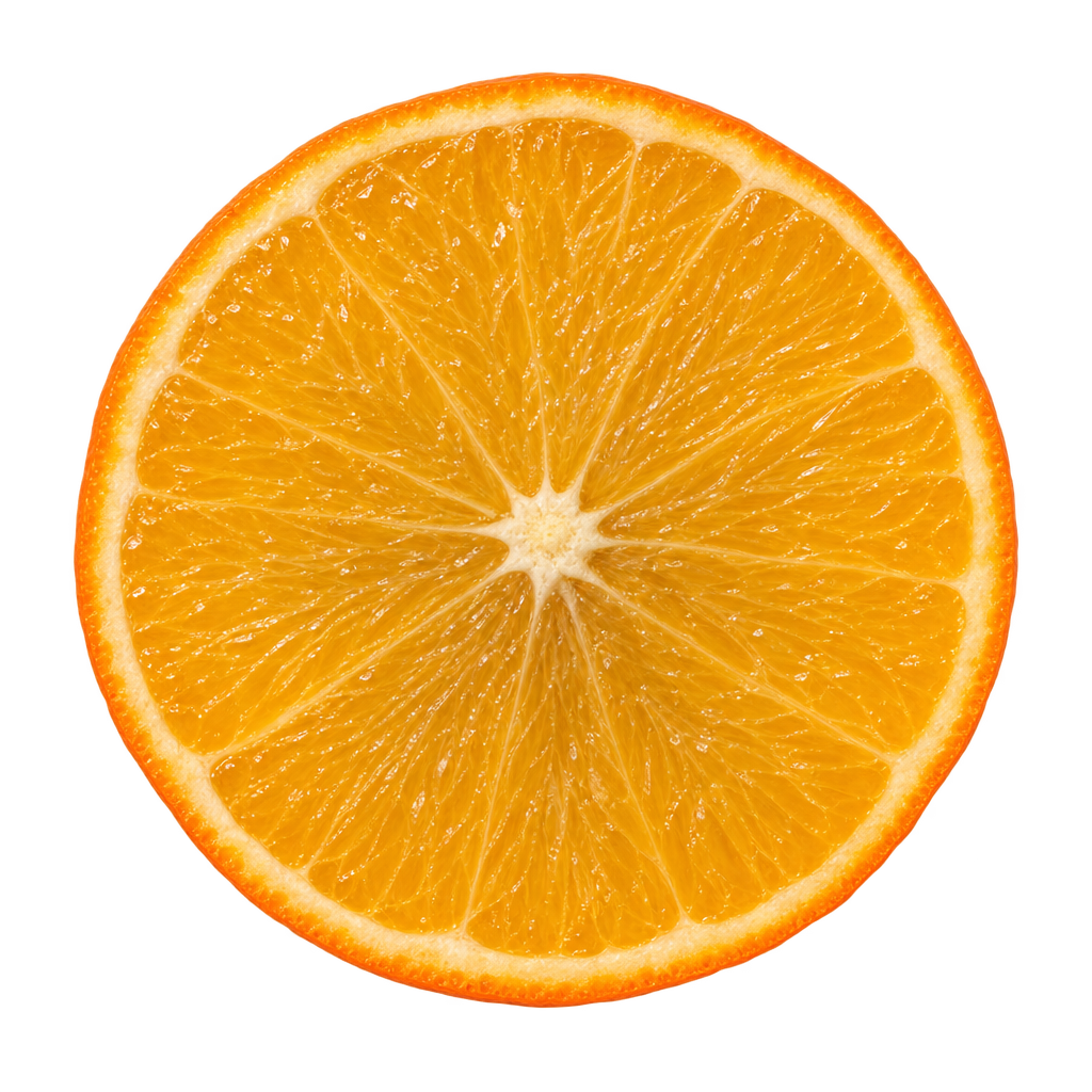 Generated depiction of a Rusk Citrange equatorial cross section viewed head-on, with golden flesh, a small pale core and thin cream pith