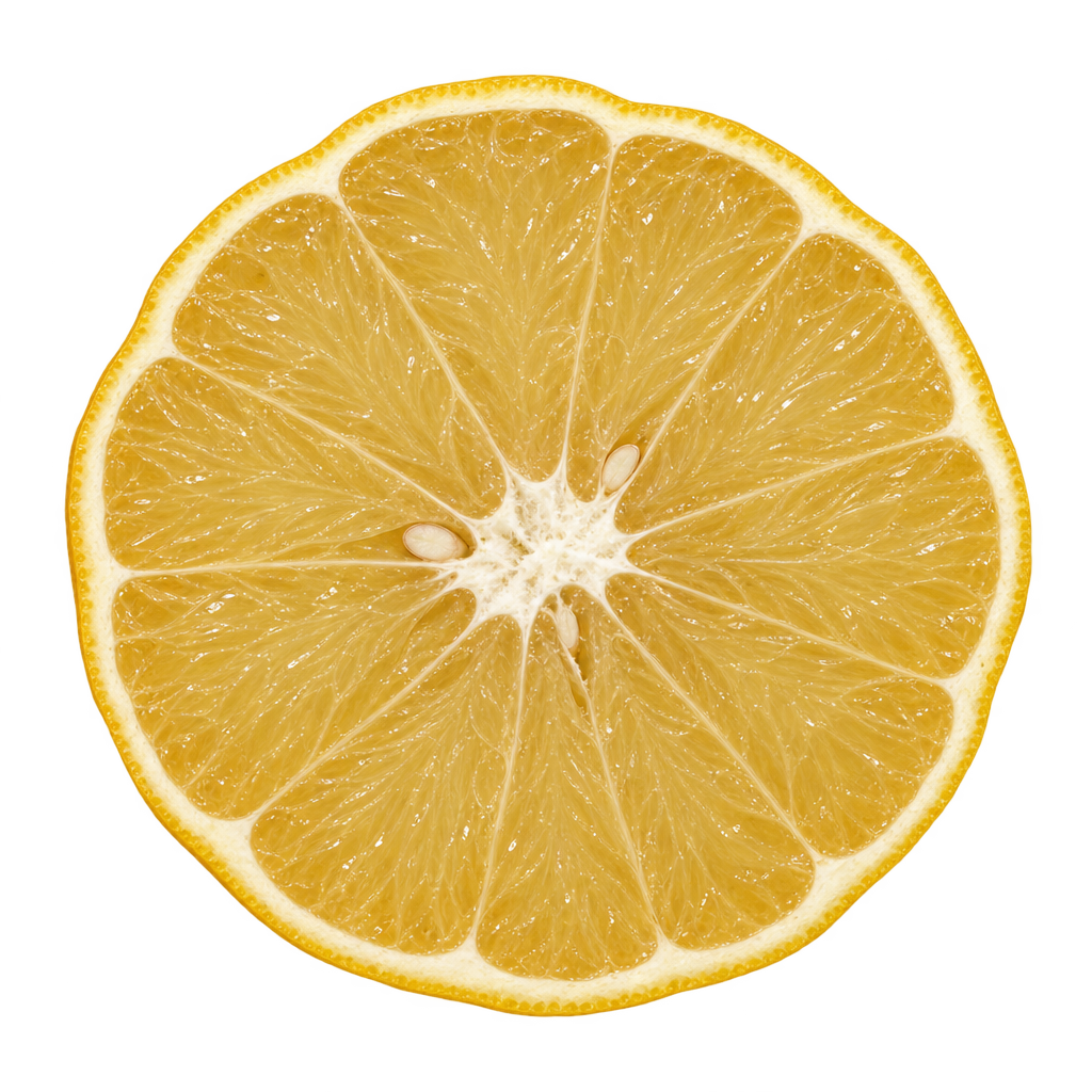 Generated head-on Colman Citrange cut face with pale golden flesh, lightly lobed outline, attached pith and a filled core.