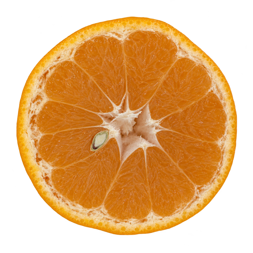 Generated head-on Miyagawa Satsuma cross section with muted amber-orange flesh, creamy pith and an ivory seed near the irregular core