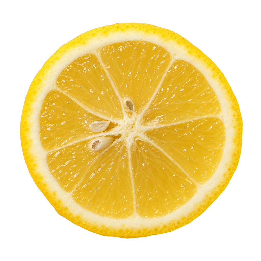 Generated depiction of a Tavares Limequat equatorial cross section viewed head-on, with golden-yellow flesh, cream pith and several ivory seeds