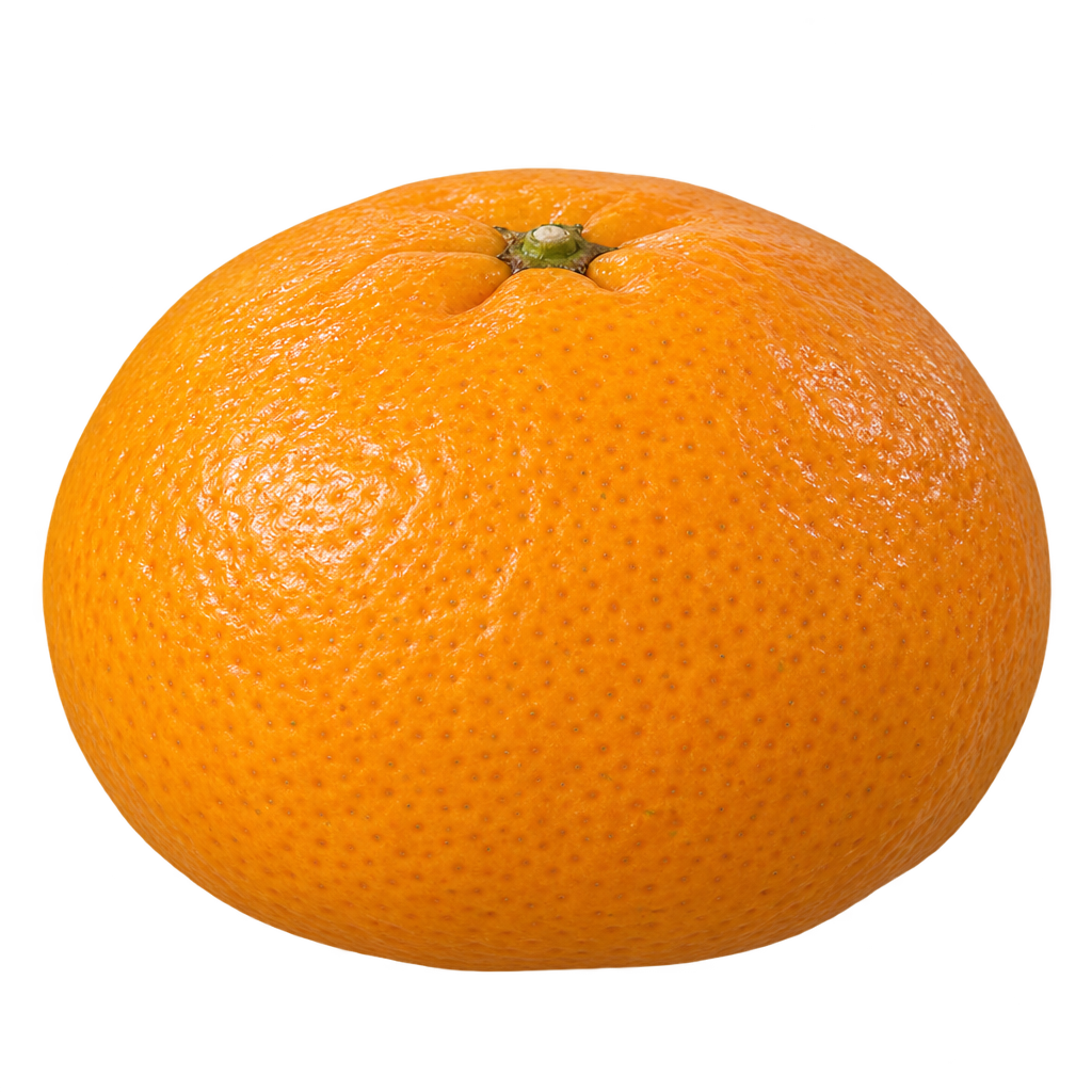 Generated depiction of an Avana Tardivo di Ciaculli mandarin, modestly flattened with golden-orange finely textured rind, viewed from a low side angle