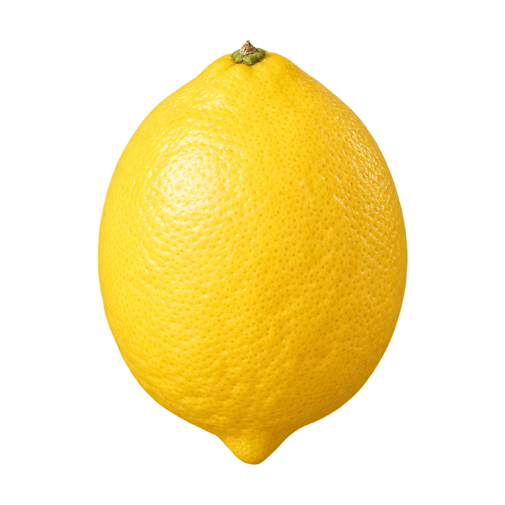 Generated depiction of an oval Lisbon Lemon in a low side view, with finely pored yellow rind and a modest pointed blossom end