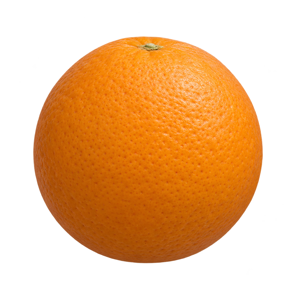 Generated depiction of a round Vaniglia Sanguigno Acidless Sweet Orange with finely textured orange rind and a shallow stem depression.