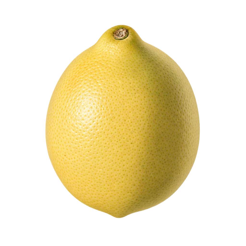 AI-generated depiction of a whole Perrine Lemon with a compact oval lemon-lime shape, small stem-end neck and finely textured yellow rind.