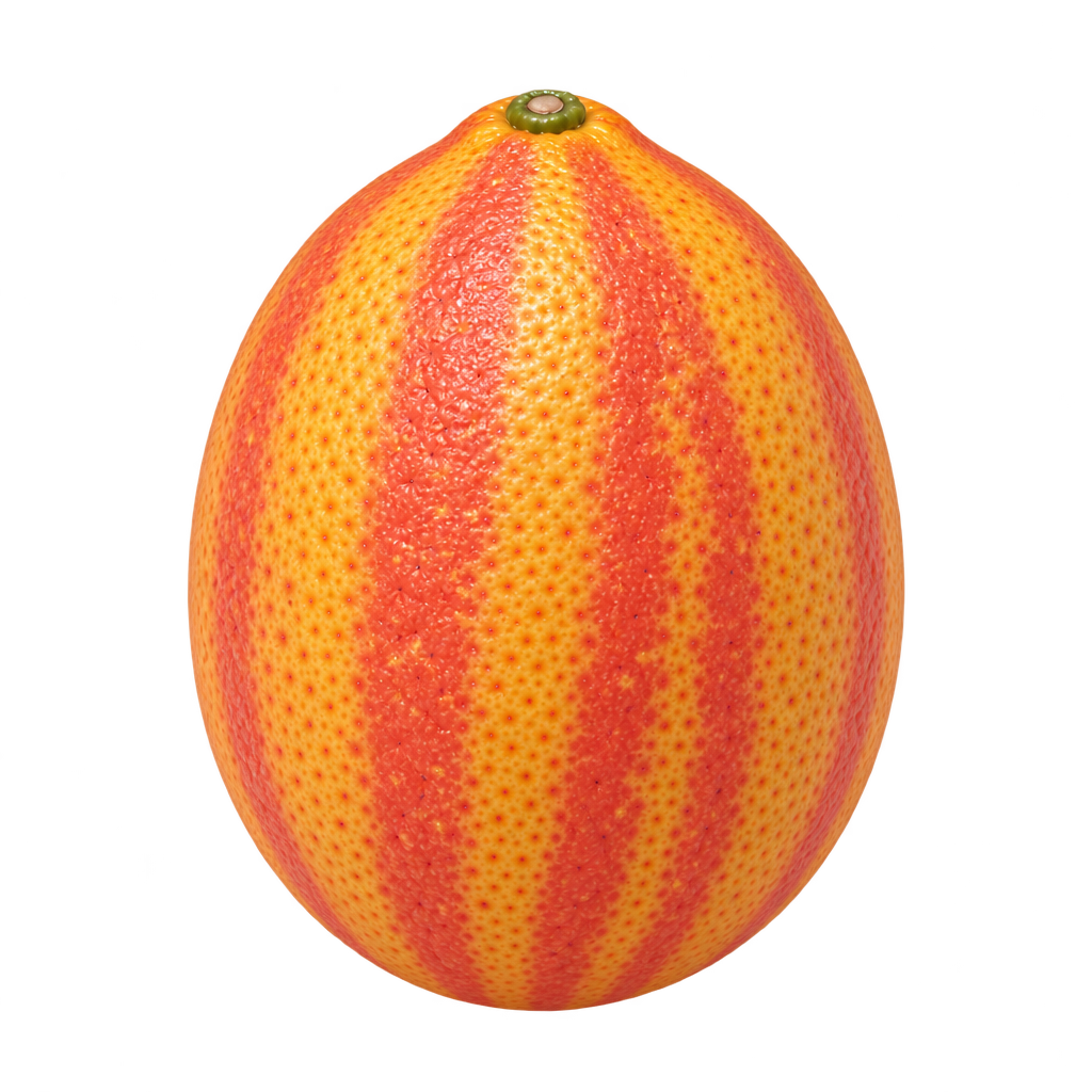 Generated depiction of an oval Centennial Variegated Kumquat with orange and reddish longitudinal stripes and a small calyx at its tapered end
