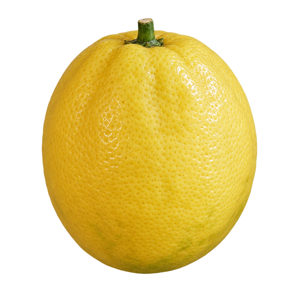 Generated depiction of an oval New Zealand Lemonade fruit with rounded ends and textured yellow rind, viewed from the side