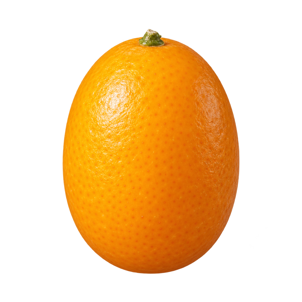 Generated depiction of a taller-than-wide Nameiwa kumquat with rounded ends and golden-orange rind