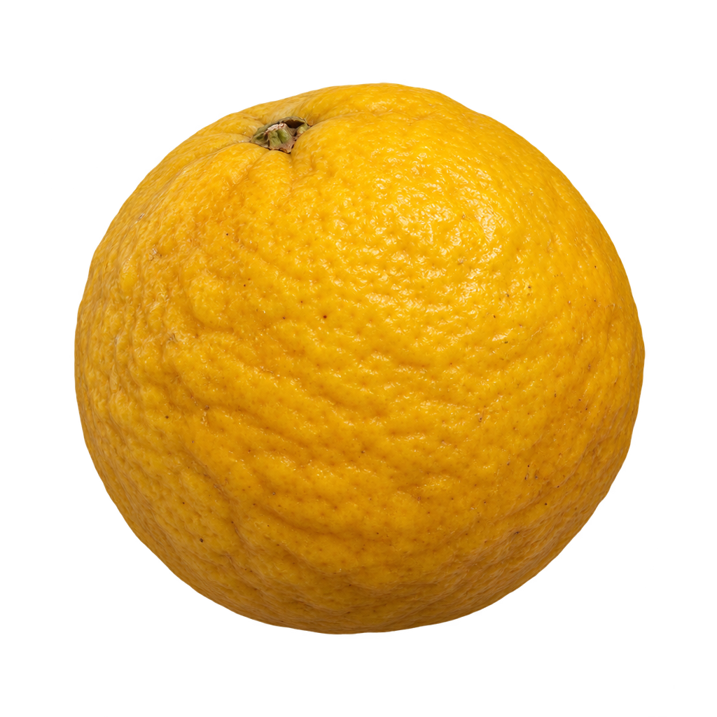 Generated depiction of a round whole US-1282 Citrandarin from a low side view, with rough golden-yellow rind and a recessed top calyx
