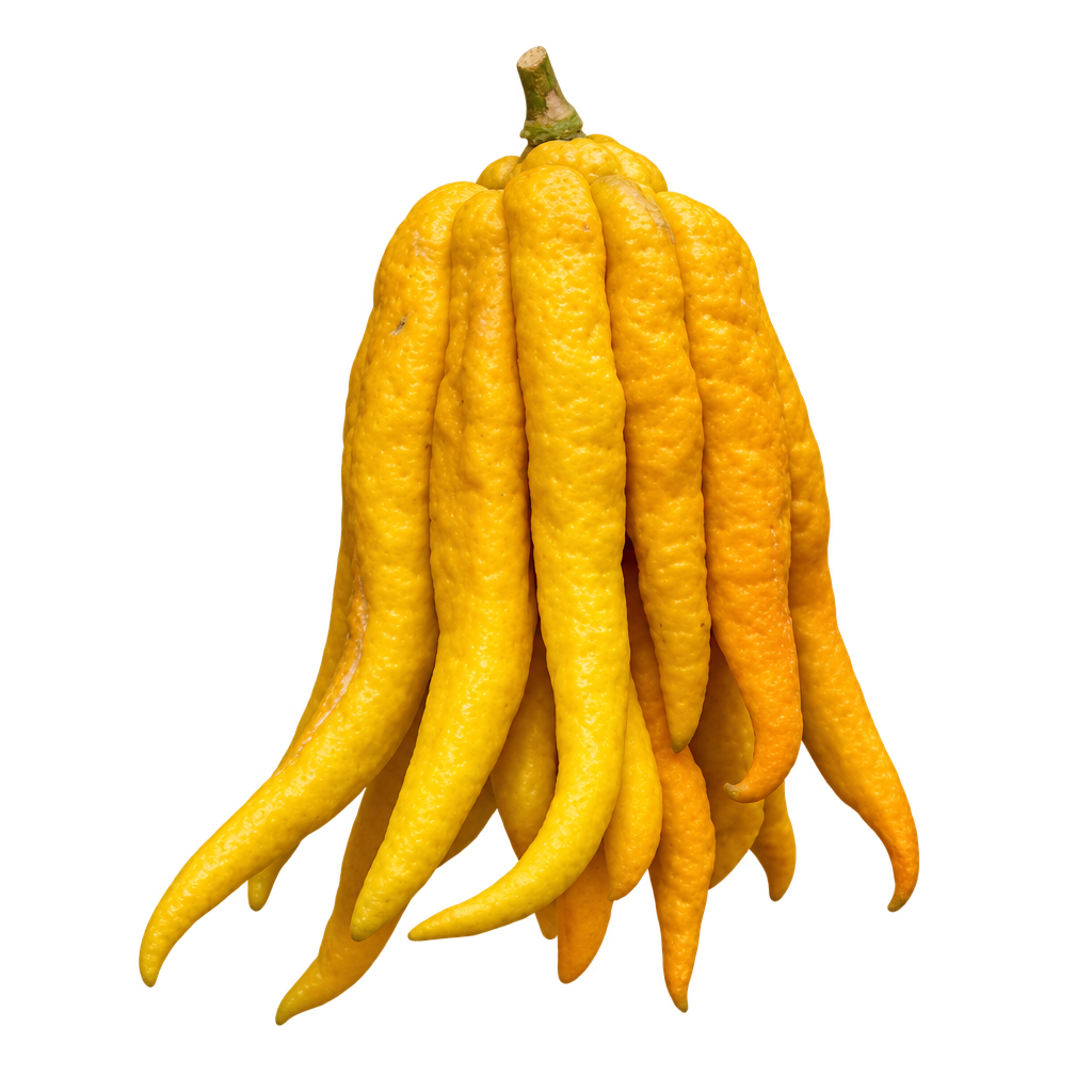 Generated whole Buddha's Hand Citron with golden-yellow pebbled rind and long, partly open hanging fingers