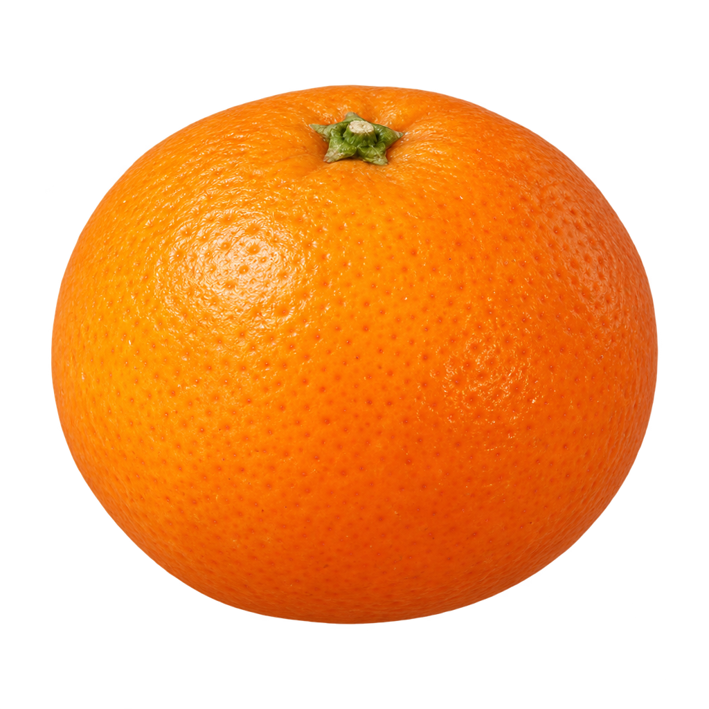 Generated depiction of a plump, slightly flattened Calamondin in side view, with finely textured orange rind and a small green top calyx
