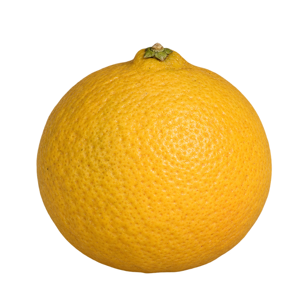 Generated depiction of a round Granitos Sour Orange with golden-yellow textured rind, a short upper neck and a centered calyx