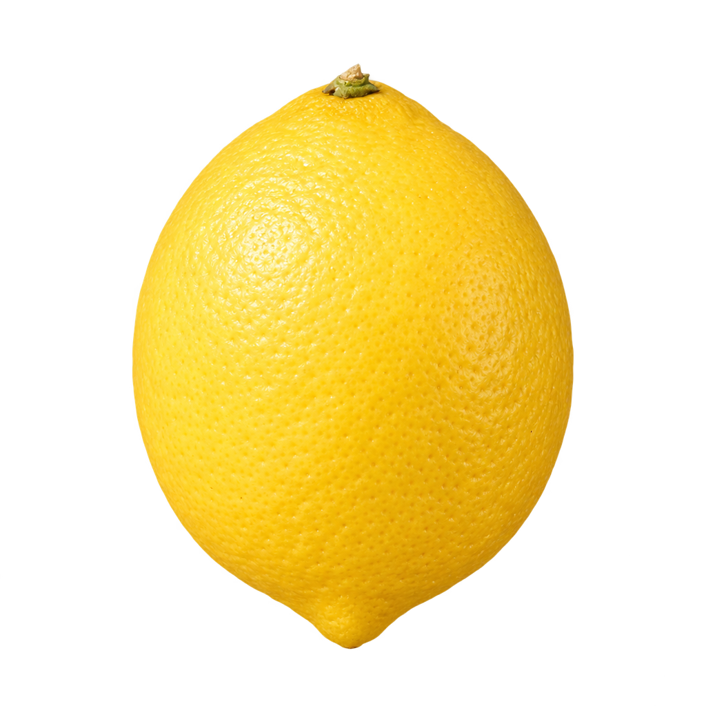 Approximate generated depiction of an oval Frost Lisbon Lemon in a low side view, with finely pored yellow rind and a modest pointed blossom end