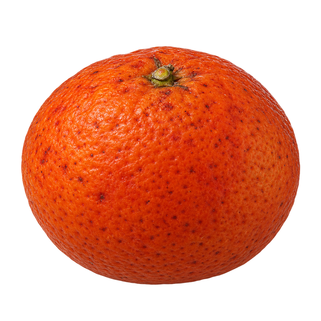 Generated depiction of a rounded, gently flattened Raspberry tangor with textured reddish-orange rind, viewed from the side