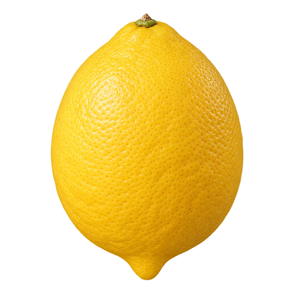 Generated depiction of an oval Gallego Lemon in a low side view, with finely pebbled yellow rind and a modest pointed blossom end