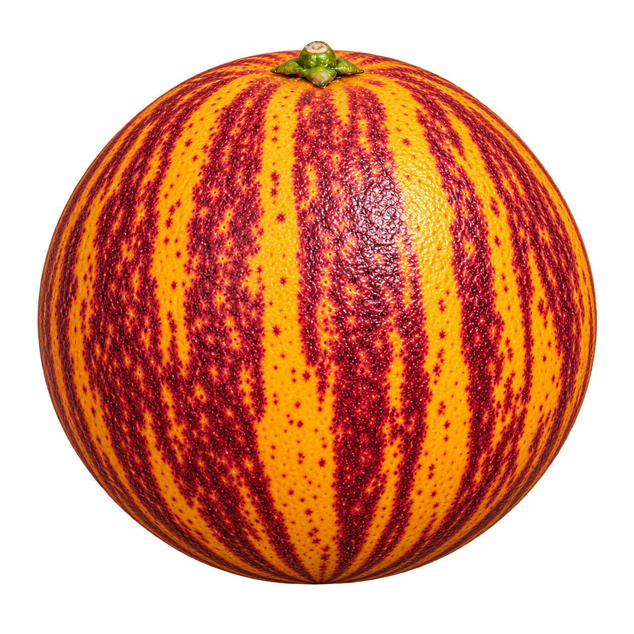 Generated depiction of a whole Arcobal Orange from a low side angle, with orange and burgundy longitudinal stripes and a centered top calyx