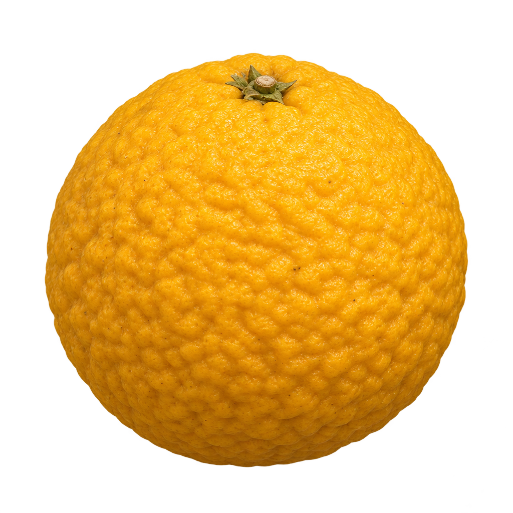 Generated depiction of round Benecke Trifoliate fruit with golden-yellow bumpy rind, viewed from a low side angle