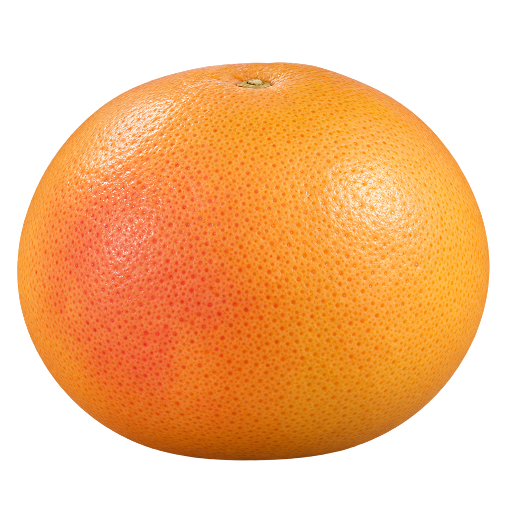 Generated depiction of a Ruby Red Grapefruit, wider than tall with rounded shoulders and golden yellow-orange rind with a soft blush