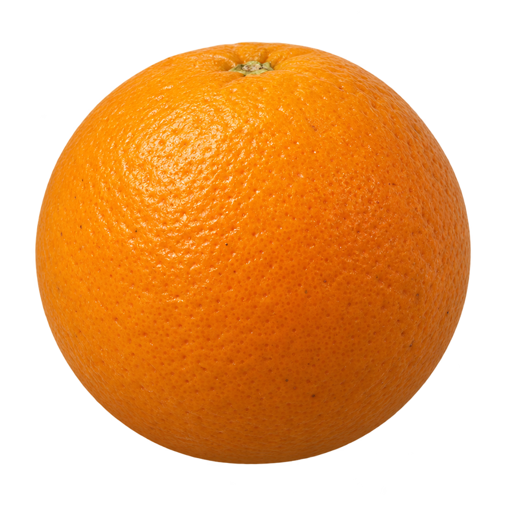 Generated depiction of a nearly spherical OLL-8 Orange with finely textured orange rind and a shallow stem depression