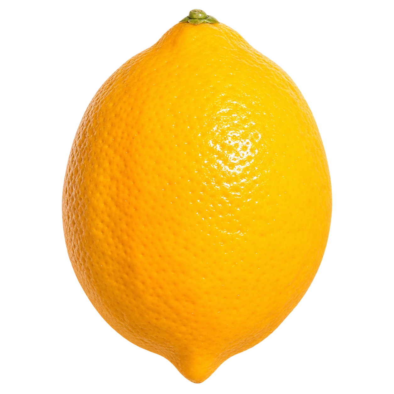 Generated depiction of an oval Meyer Lemon in side view, with warm golden-yellow rind, a small top calyx and a modest blossom tip at the opposite base