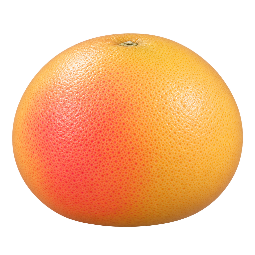 Generated depiction of a broad rounded Star Ruby Grapefruit with yellow rind and pink-red blush