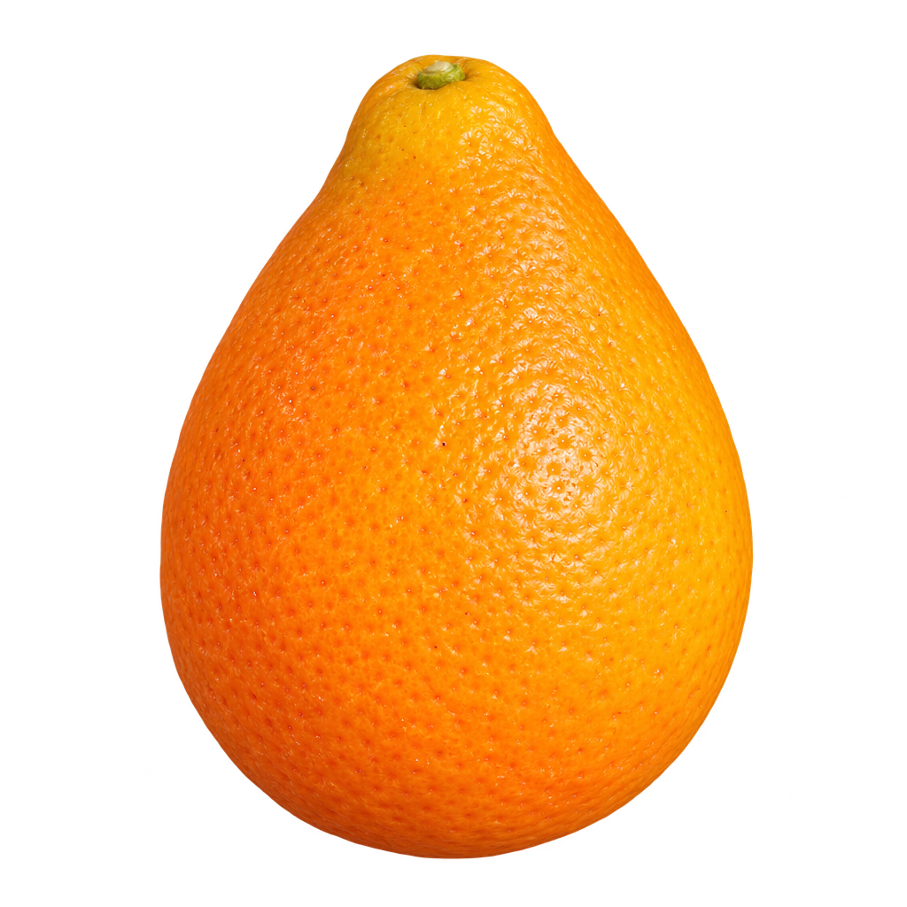 Generated depiction of a tear-drop-shaped Sinton Citrangequat with a rounded lower body, tapered top and orange-gold rind