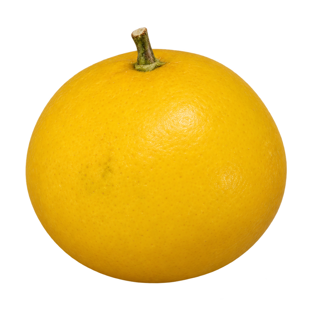 Generated depiction of a slightly flattened spherical NuClem with smooth yellow rind and a short stem