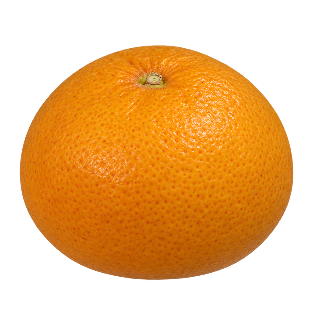 Generated depiction of a slightly flattened ClemYuz 3-3 fruit with rounded shoulders and finely dimpled orange rind
