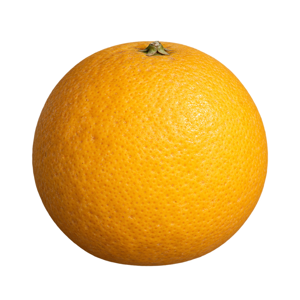 Generated depiction of a round, slightly wider-than-tall US-812 Citrandarin from a low side view, with finely pebbled golden yellow-orange rind and a small top calyx