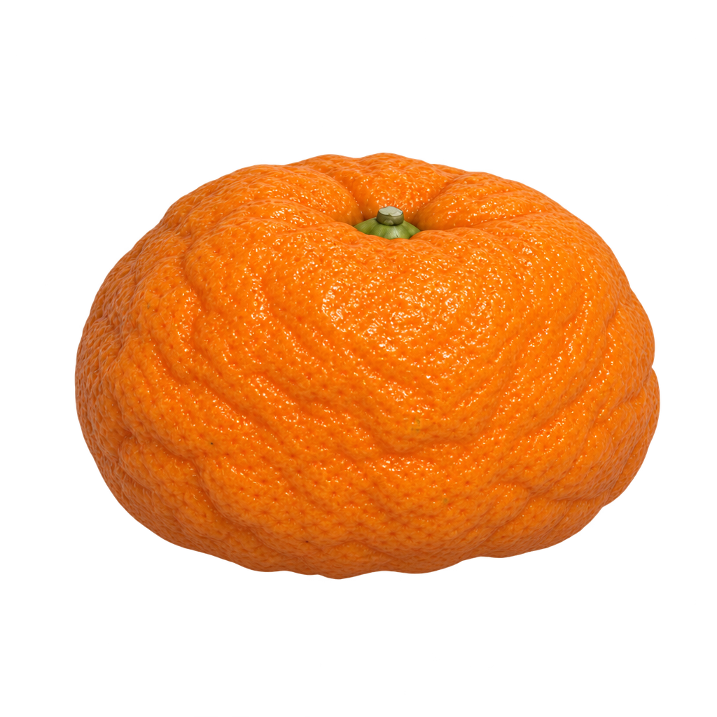 Generated depiction of Ventura Lemandarin with a compact, subtly asymmetric body, uneven shoulders, softly squared sides and irregular orange rind.