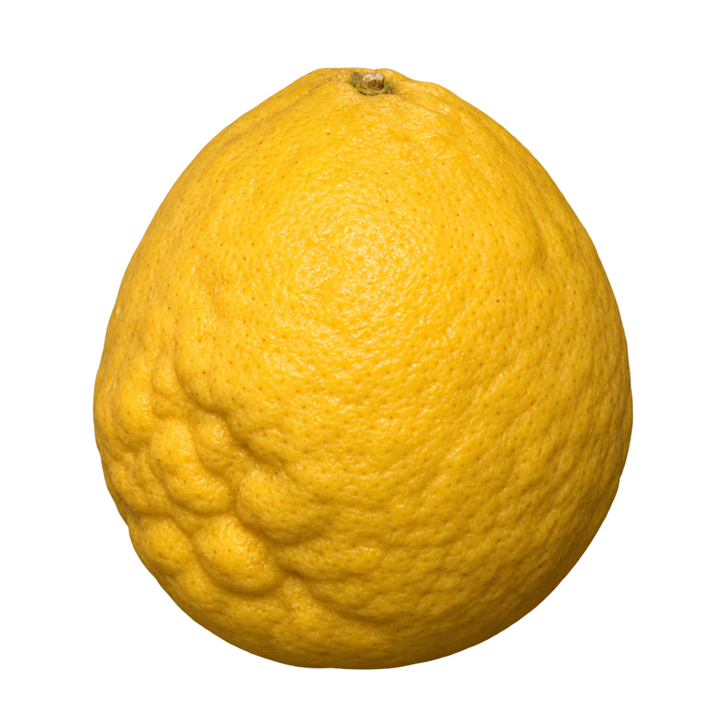 Generated depiction of an elongated Siamese Pummelo with coarse, uneven golden-yellow rind