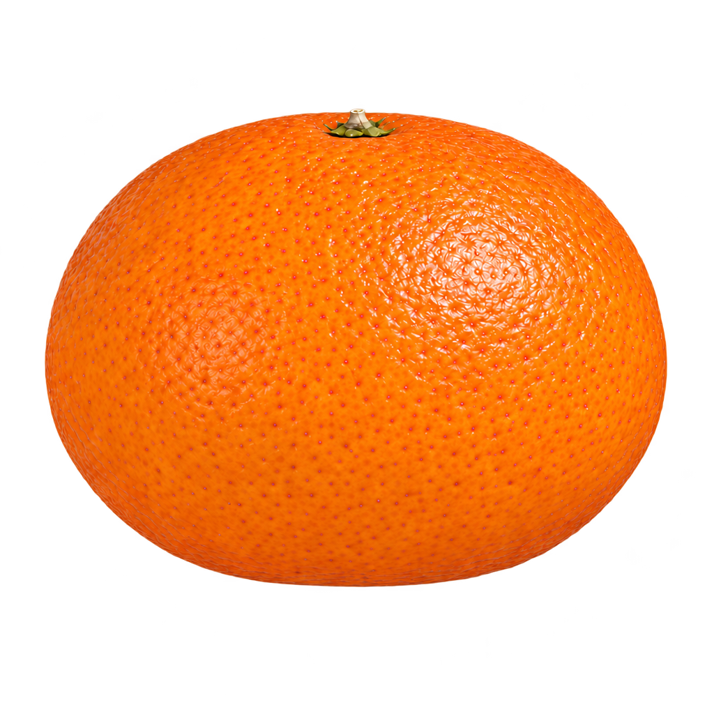 AI-generated plump oblate Fairchild Mandarin with warm orange finely pored rind and a shallow upper stem depression