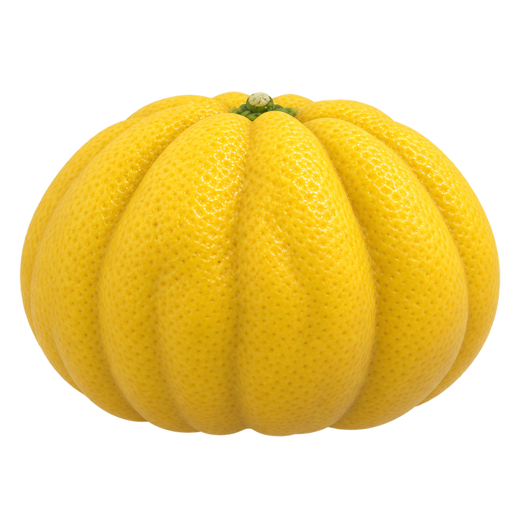 Generated depiction of a flattened, deeply lobed Ichang Papeda (IVIA-358) with textured yellow rind