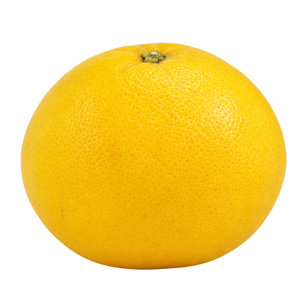 Generated depiction of a broad round Cocktail Grapefruit with gently flattened poles, finely pored yellow rind and a small upper calyx